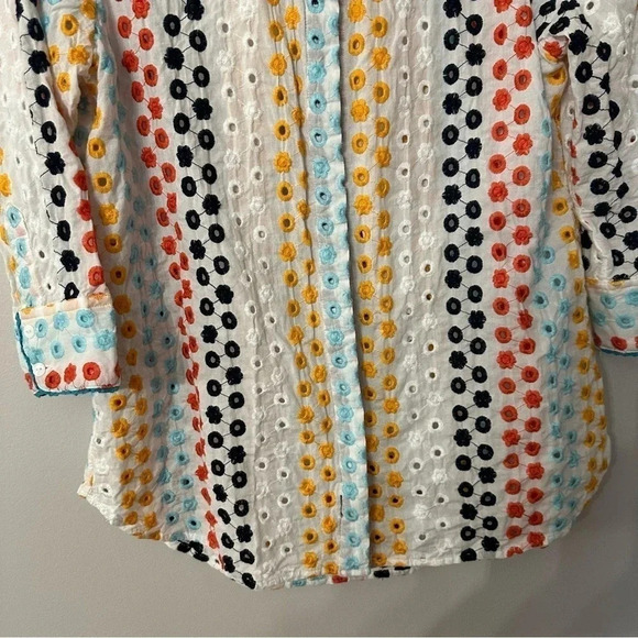 Mary V's Women's 3/4 Sleeve Multicolored Embroidered Floral Button Up Top GUC - Picture 4 of 11